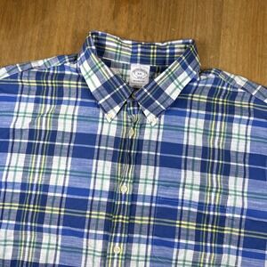 Brooks Brothers Regent Short Sleeve Button Down Shirt Mens 2XL Blue Plaid